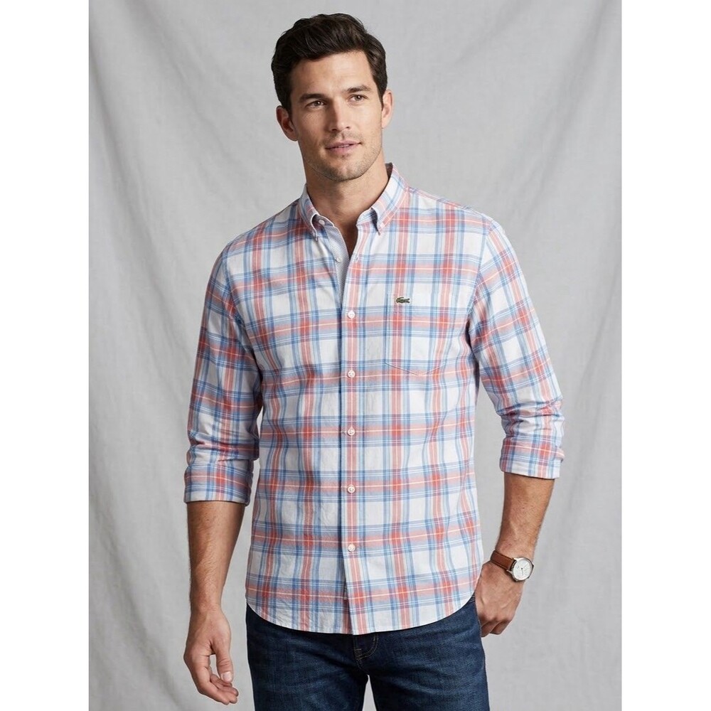 Lacoste Mens Shirt LT Large Tall Plaid Long Sleeve Button Down Crocodile